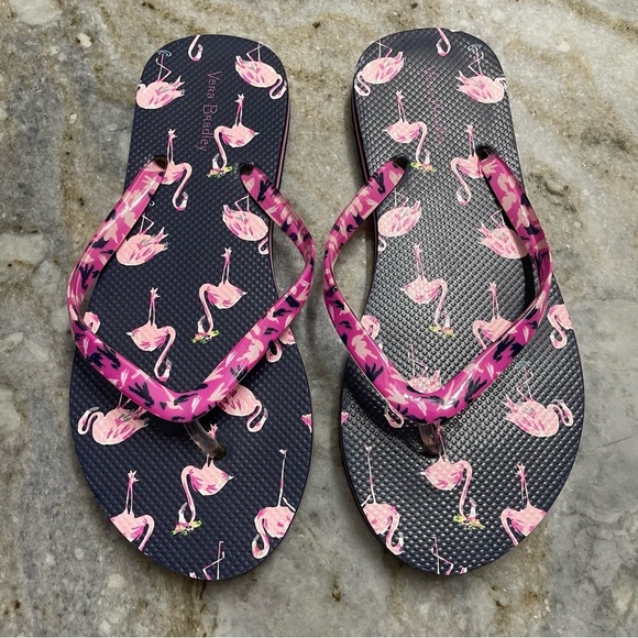 New Vera Bradley Flamingo Fiesta Flip Flops Navy/Pink Women’s Size 5-6 - Picture 8 of 8